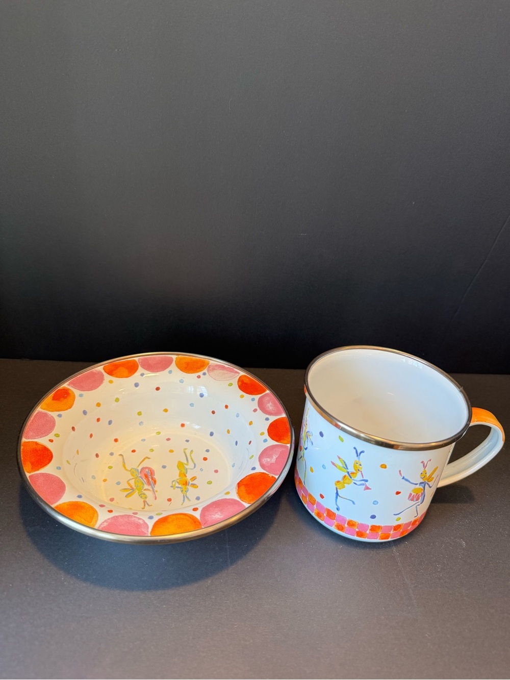 Rare Retired MacKenzie-Childs Children’s “Musical Crickets” Bowl & Cup Set